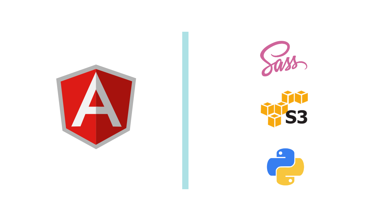 White background showing logos for Angular, Sass, Amazon S3, and Python