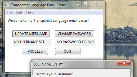 A screenshot of the program's input form, asking the user for their email username and password